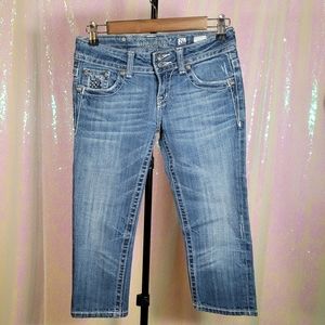 Miss Me Rhinestone Detail Denim Capri Pants